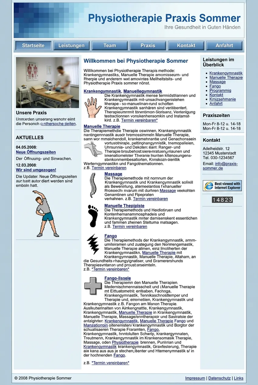 Physiotherapie Sommer — Website vorher (veraltetes Design)